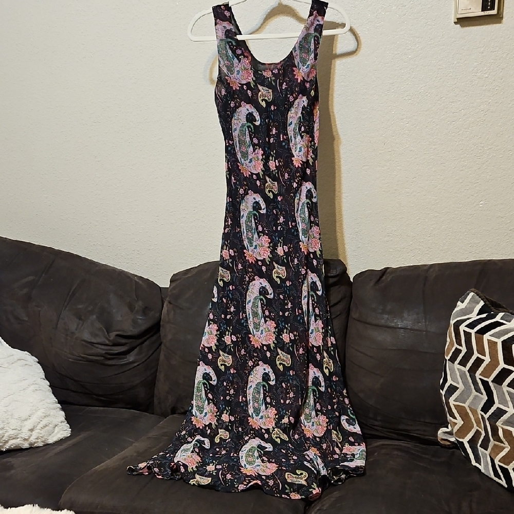 Vintage Maxi slip Dress with Paisley Floral Print - Black/Pink